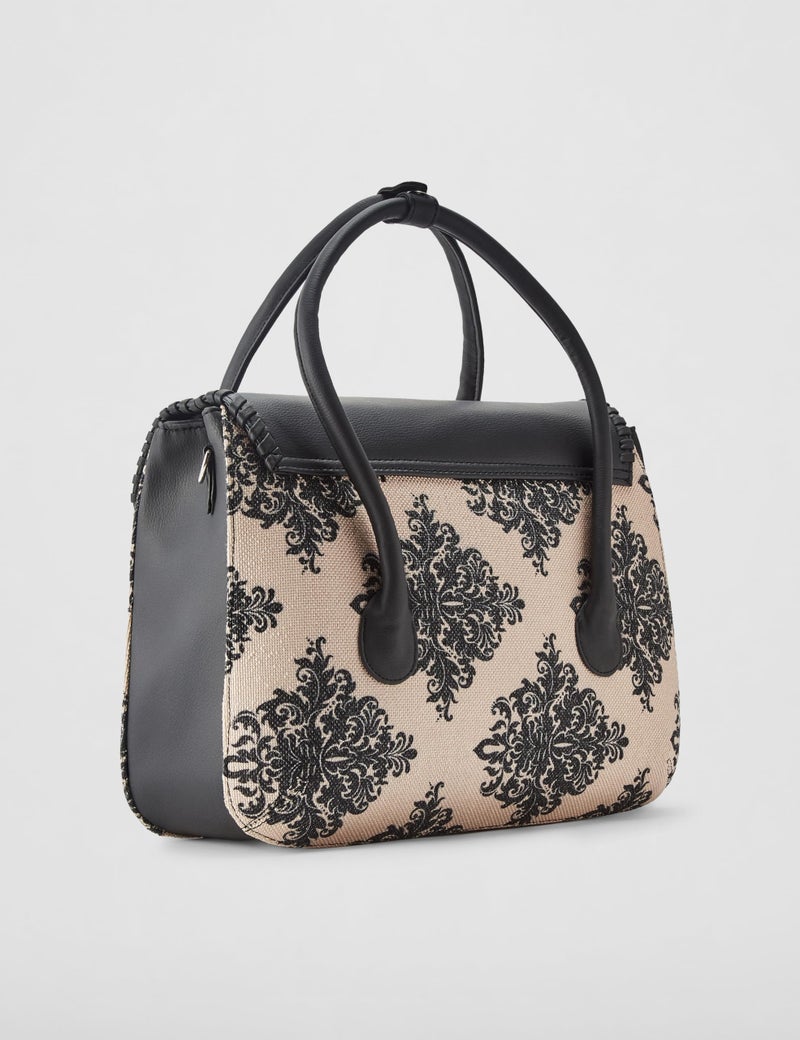 ZOUK Mughal Motif Printed Jute Handcrafted Vegan Leather Cream and Black Women's Satchel Bag | Ladies Purse Handbag | Double Handle Detachable Strap - Image 3
