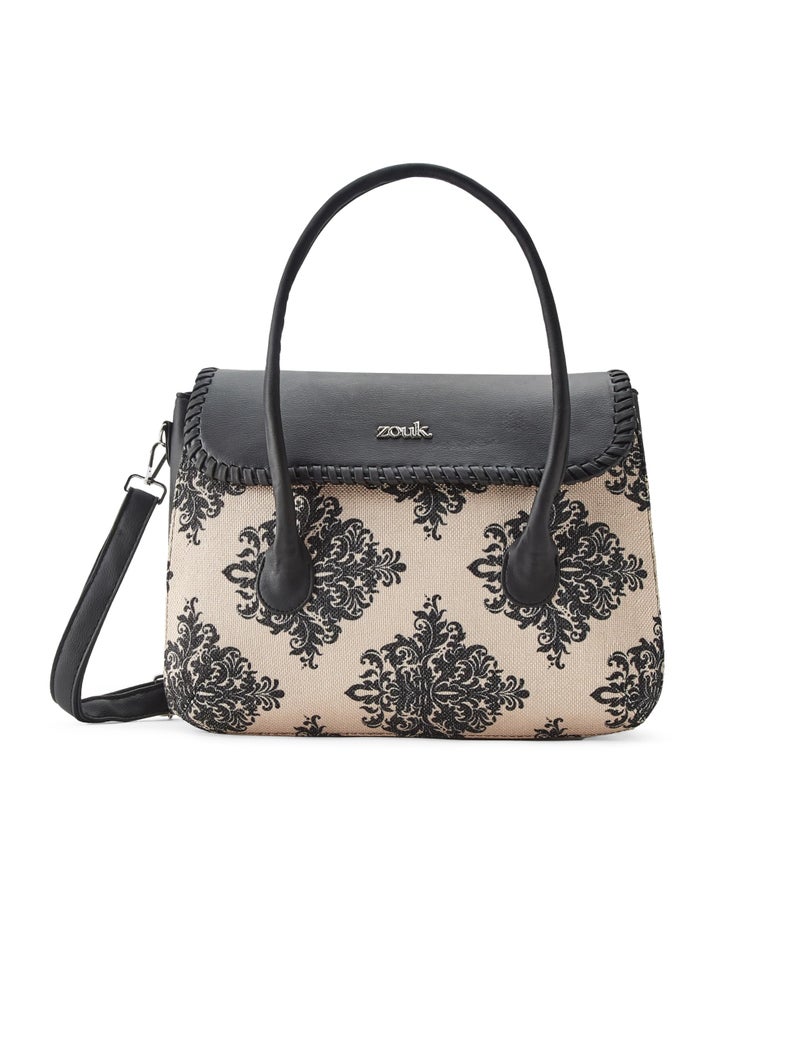 ZOUK Mughal Motif Printed Jute Handcrafted Vegan Leather Cream and Black Women's Satchel Bag | Ladies Purse Handbag | Double Handle Detachable Strap - Image 1