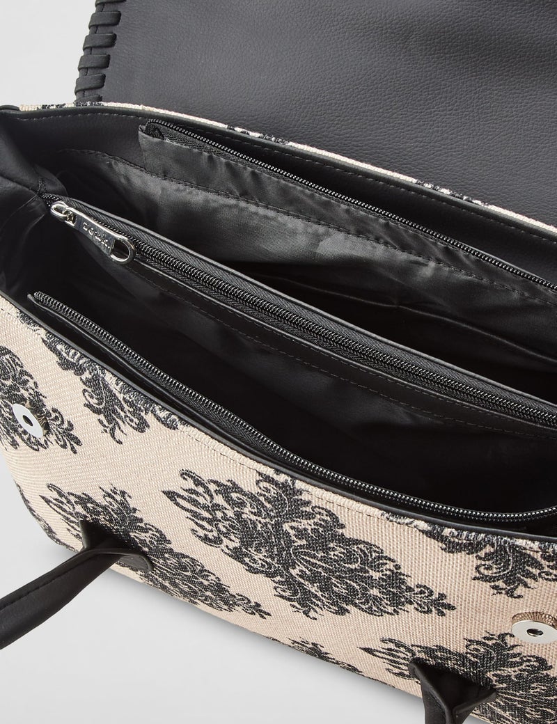 ZOUK Mughal Motif Printed Jute Handcrafted Vegan Leather Cream and Black Women's Satchel Bag | Ladies Purse Handbag | Double Handle Detachable Strap - Image 5