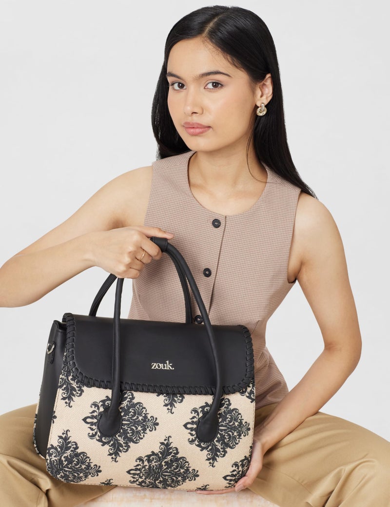 ZOUK Mughal Motif Printed Jute Handcrafted Vegan Leather Cream and Black Women's Satchel Bag | Ladies Purse Handbag | Double Handle Detachable Strap - Image 2