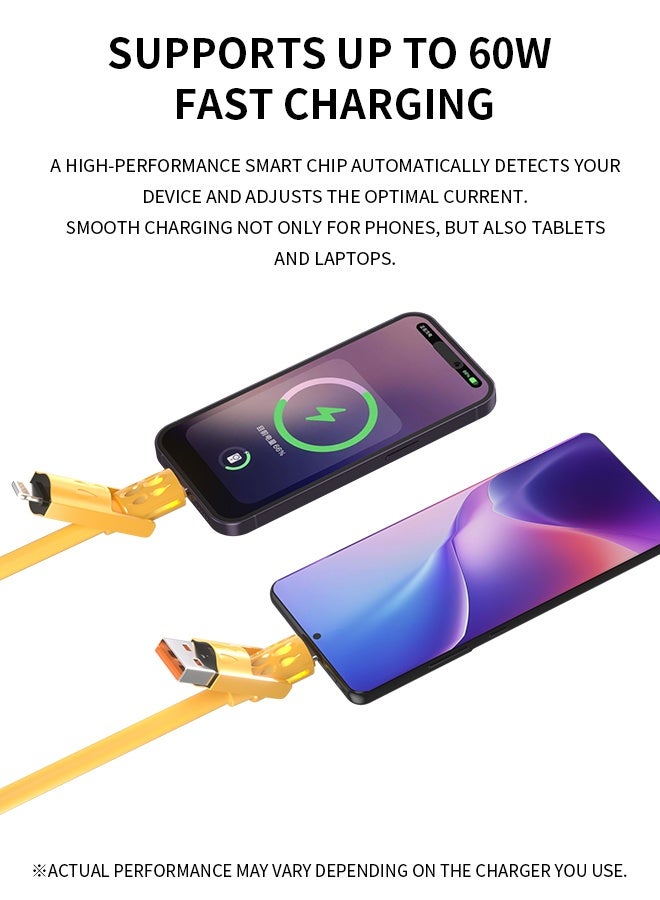 WAPIK Korean Brand 4-in-1 Fast Charging Cable 60W, USB-A u0026 Type-C to Type-C / Lightning, Liquid Silicone, 480Mbps, Yellow - Image 5