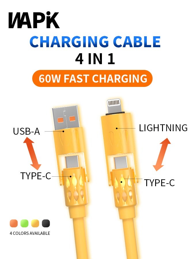 WAPIK Korean Brand 4-in-1 Fast Charging Cable 60W, USB-A u0026 Type-C to Type-C / Lightning, Liquid Silicone, 480Mbps, Yellow - Image 2