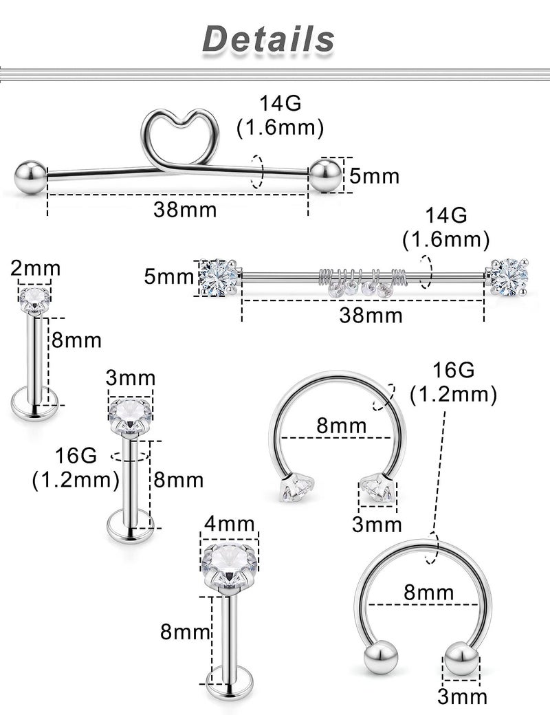 Ocptiy 14G Industrial Earrings Piercing Jewelry for Women Stainless Surgical Steel Industrial Barbell Bar Cartilage Helix Tragus Conch Rook Daith Ear Earring Ring Stud Hoop Piercing Jewelry Women Men - Image 4