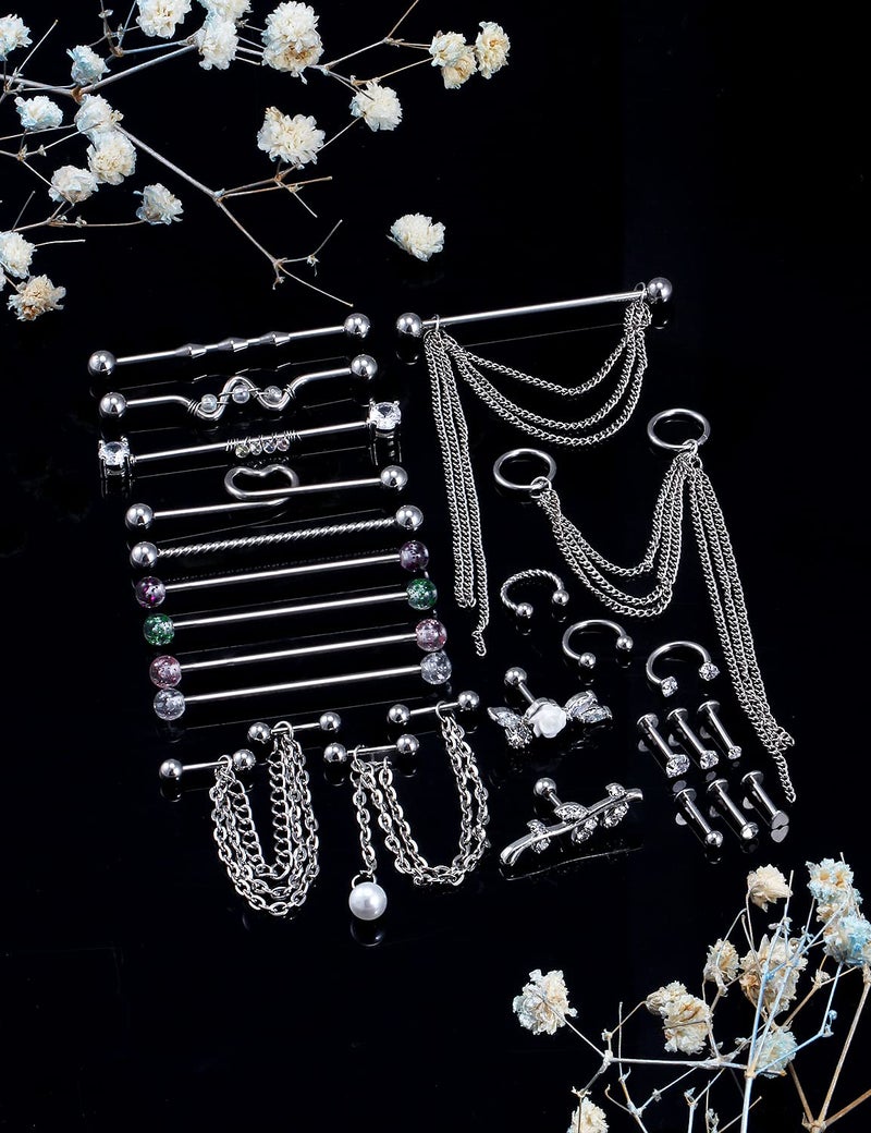 Ocptiy 14G Industrial Earrings Piercing Jewelry for Women Stainless Surgical Steel Industrial Barbell Bar Cartilage Helix Tragus Conch Rook Daith Ear Earring Ring Stud Hoop Piercing Jewelry Women Men - Image 2