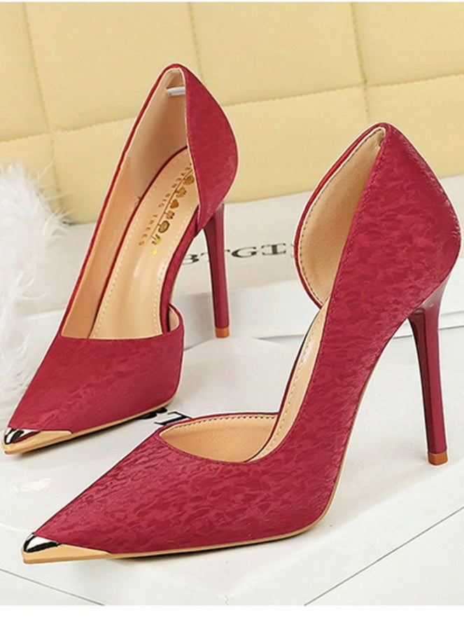 BIGTREE Women's Metal Closed Pointed Toe Party Stiletto Pumps Satin Daily High Heels 10.5CM Red  - Image 1