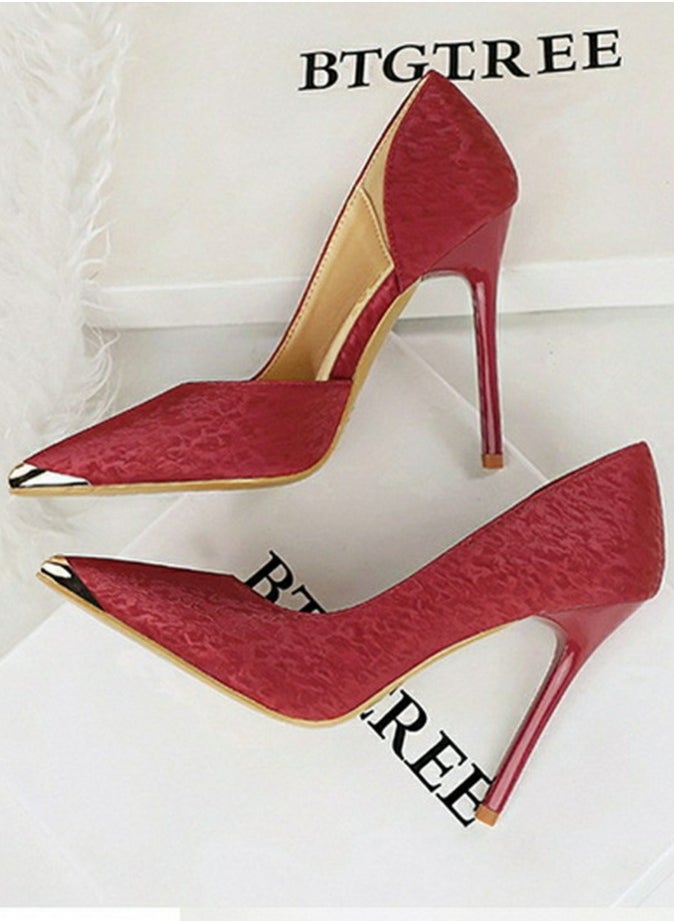 BIGTREE Women's Metal Closed Pointed Toe Party Stiletto Pumps Satin Daily High Heels 10.5CM Red  - Image 3