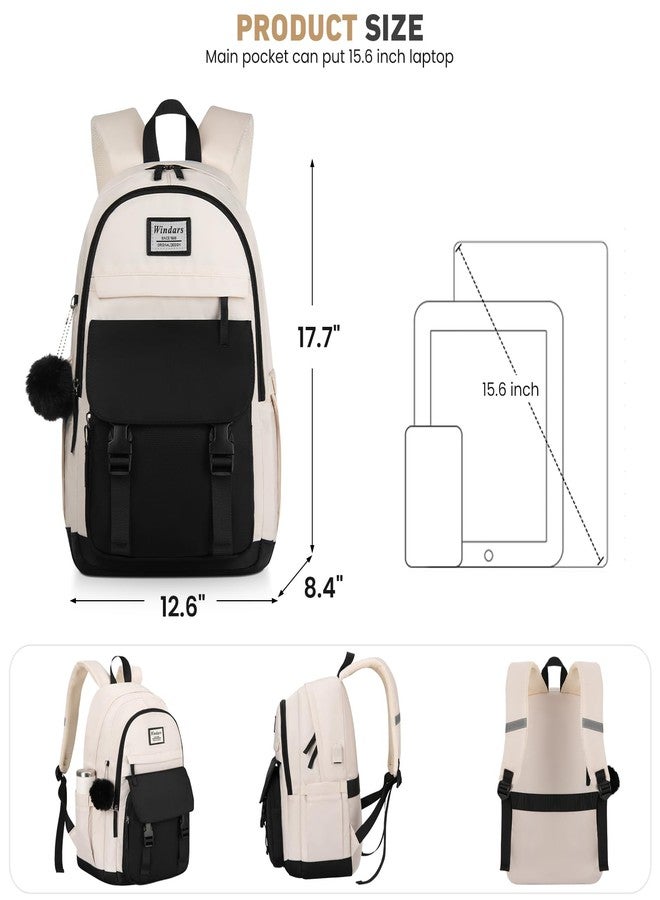 WINDARS School Backpack for Teen Girls, Cute College Backpacks for Women Students Aesthetic Bookbag Large 15.6 Inch Laptop Bag Middle School Travel Back Pack (Black Beige) - Image 3