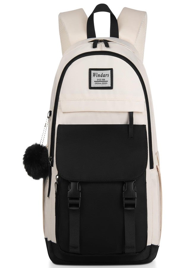 WINDARS School Backpack for Teen Girls, Cute College Backpacks for Women Students Aesthetic Bookbag Large 15.6 Inch Laptop Bag Middle School Travel Back Pack (Black Beige) - Image 1