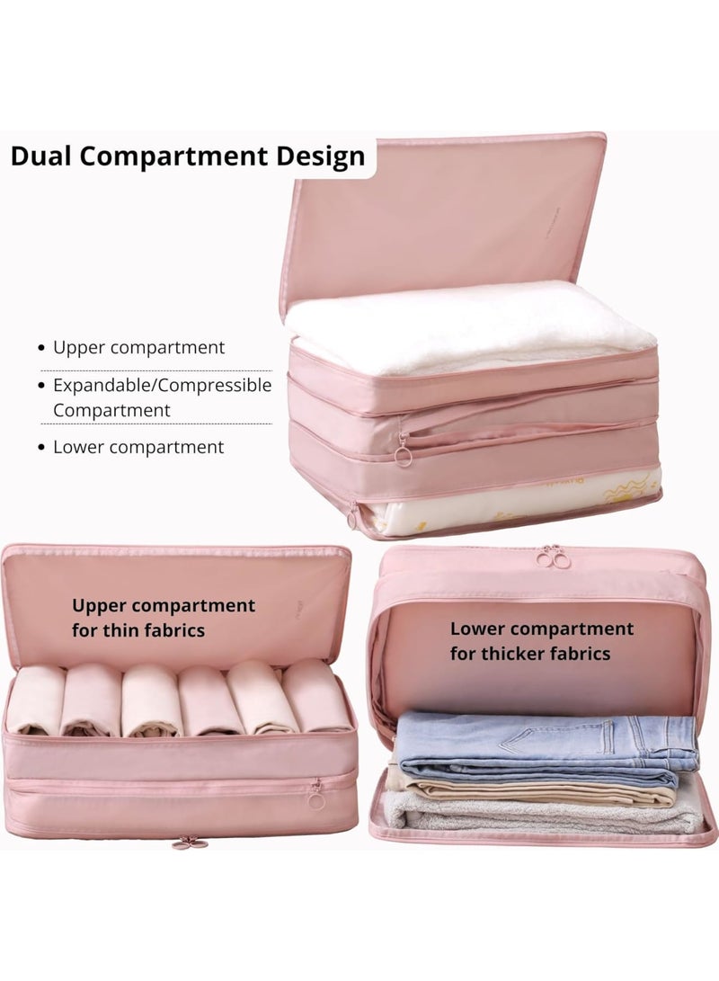SOLARAE مجموعة مكعبات التعبئة الضاغطة مع حجرتين، 2 حزمة كبيرة خفيفة الوزن من النايلون لتنظيم السفر، منظم ضاغط بسوستتين مزدوجتين للأمتعة، الحقائب والضروريات، وردي - Image 3