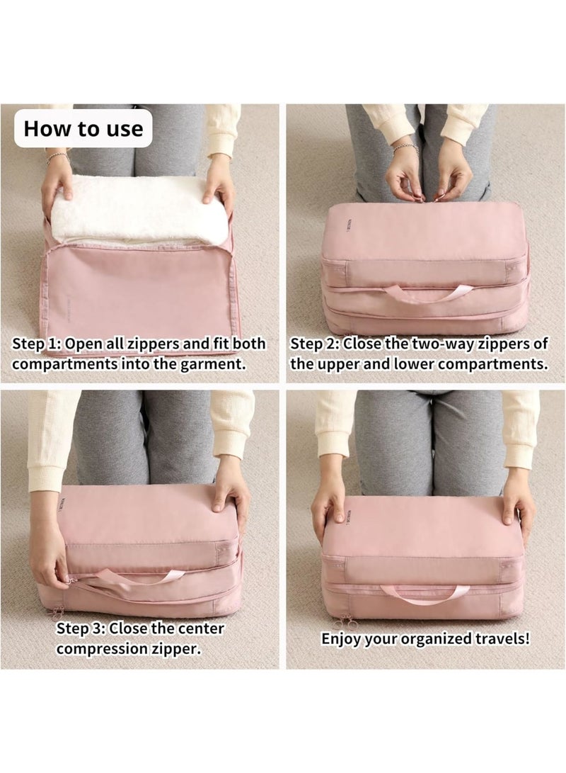 SOLARAE مجموعة مكعبات التعبئة الضاغطة مع حجرتين، 2 حزمة كبيرة خفيفة الوزن من النايلون لتنظيم السفر، منظم ضاغط بسوستتين مزدوجتين للأمتعة، الحقائب والضروريات، وردي - Image 5
