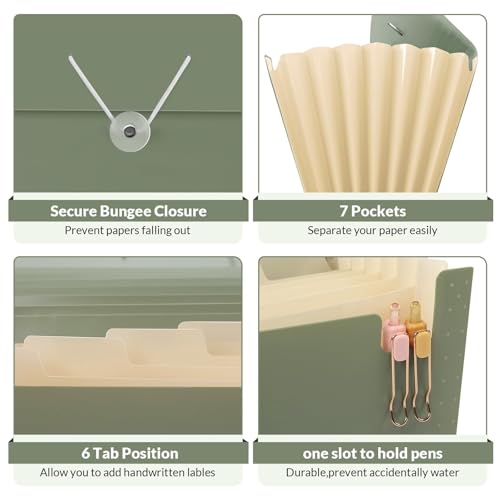 SKYDUE Accordion File Organizer Expanding File Folder with 7 Pockets Portable Receipt Paper Bill Document Organizer LetterA4 Size Filing Folder School Office Supplies MossGreen - Image 3