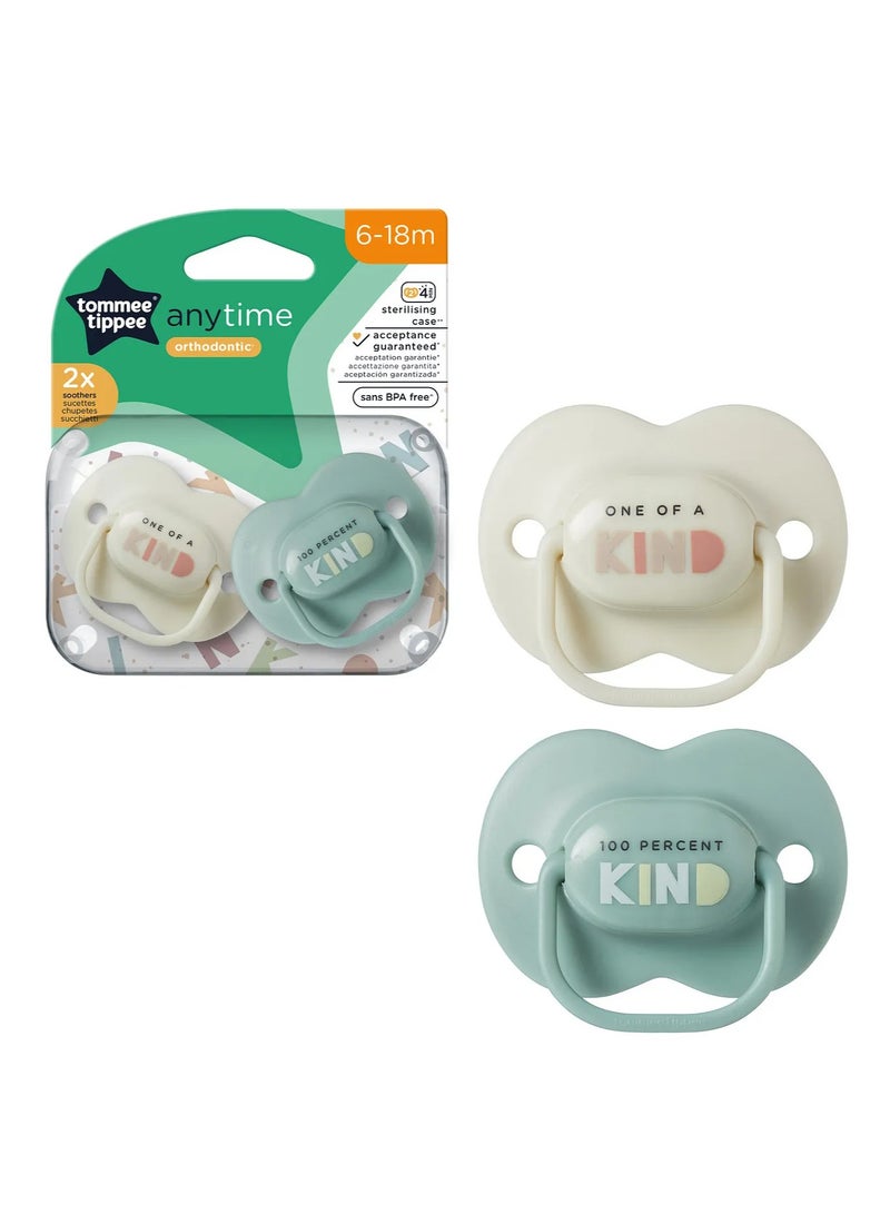 Tommee Tippee UK مهدئات في أي وقت 6-18 شهر، عبوة من 2 مصاصة تقويمية خالية من BPA، تصميم قابل للعكس