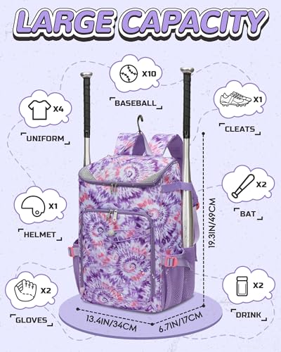 FOKDUVB Baseball Softball Gear Bag Backpack for Boys Girls Ages 812 1214 Large Kids Youth Bat Bag with Ventilated Shoe Compartment Baseball Softball Players Stuff Supplies Light Purple TieDye - Image 3