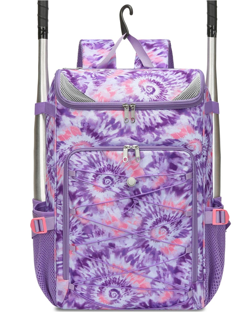 FOKDUVB Baseball Softball Gear Bag Backpack for Boys Girls Ages 812 1214 Large Kids Youth Bat Bag with Ventilated Shoe Compartment Baseball Softball Players Stuff Supplies Light Purple TieDye - Image 2