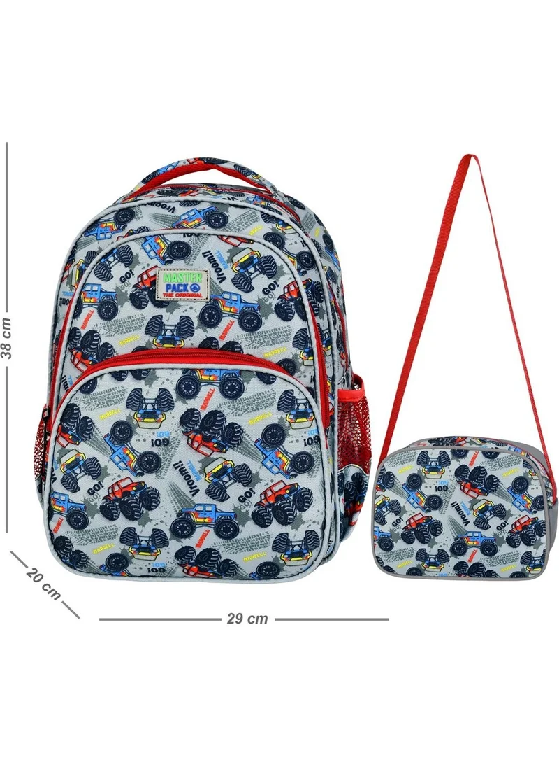 Waddell Licensed Gray Car Patterned Oval Primary School Backpack and Lunch Bag