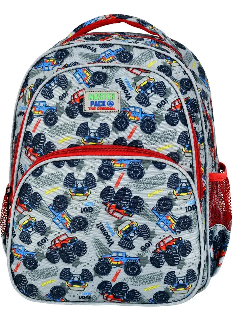 Waddell Licensed Gray Car Patterned Oval Primary School Backpack and Lunch Bag
