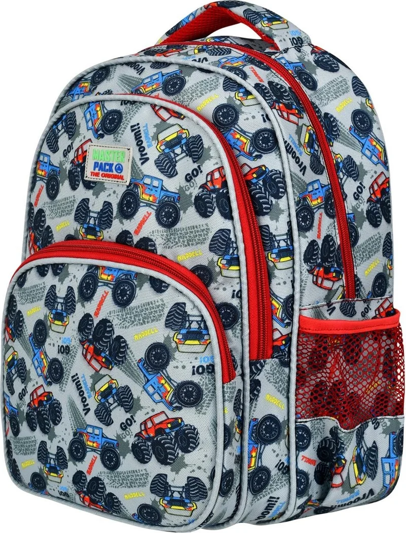 Waddell Licensed Gray Car Patterned Oval Primary School Backpack and Lunch Bag