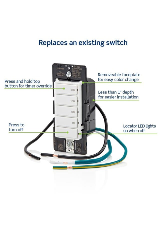 Leviton Countdown Timer Switch for Bathroom Fan and Household Lights, 5-10-15-30 min, No Neutral Required, Single Pole, 15A, 1/2 HP/9.8A Fan/Motor, White - Image 3