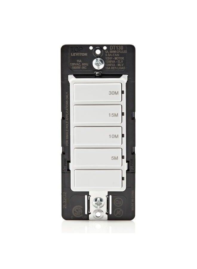 Leviton Countdown Timer Switch for Bathroom Fan and Household Lights, 5-10-15-30 min, No Neutral Required, Single Pole, 15A, 1/2 HP/9.8A Fan/Motor, White - Image 1