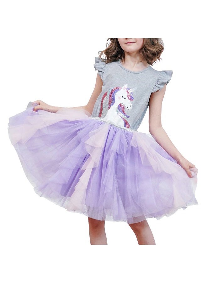 Sunny Fashion - Girls Dress Gray Unicorn Embroidered Purple Pleated Tulle Birthday Party Size 4 - Image 1