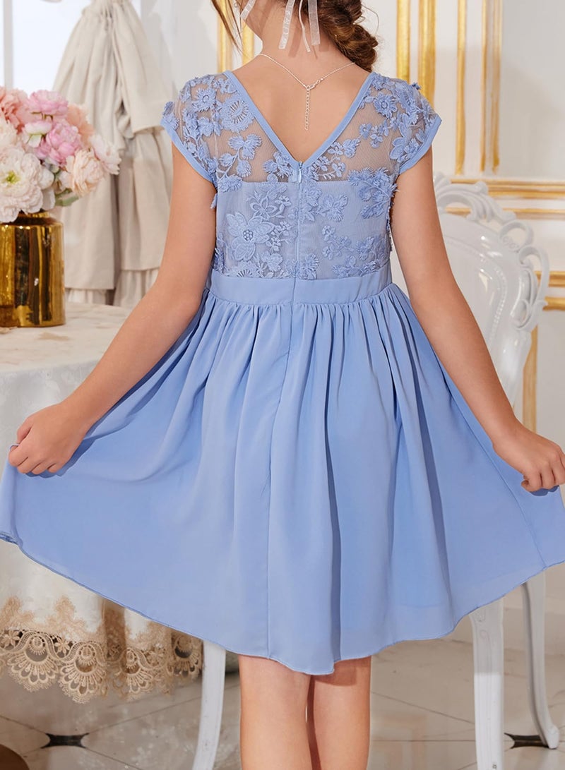 blibean Girls Summer Dresses Teen Kids Lace Mesh Solid Trendy Bow A-line Knee Length Flare Party Dress Elegant Formal Wedding Guest Outfit Size 14 15 16 Year Old Light Blue - Image 5