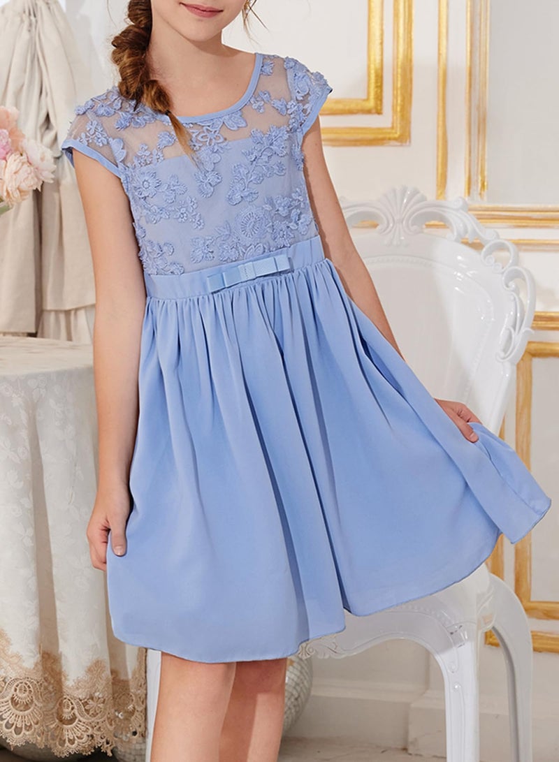 blibean Girls Summer Dresses Teen Kids Lace Mesh Solid Trendy Bow A-line Knee Length Flare Party Dress Elegant Formal Wedding Guest Outfit Size 14 15 16 Year Old Light Blue - Image 3