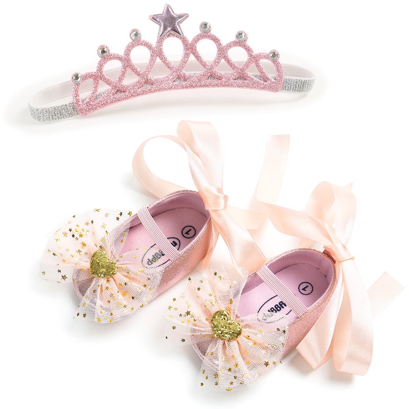 Soft Bottom Toddler Shoes Baby Shoes Princess Shoes Baby Shoes Hair Band Headdress 2-Piece Set P32 - Image 1