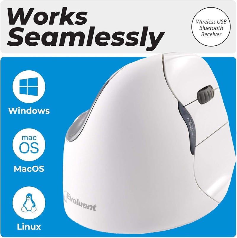 Evoluent – Inventor of The Vertical Mouse – VM4RB Ergonomic Vertical Mouse White Bluetooth for Mac, Right Hand Med to Large, Sculpted for Comfort, Reduces Wrist Strain, 4 Speeds, Plug-N-Play - Image 3