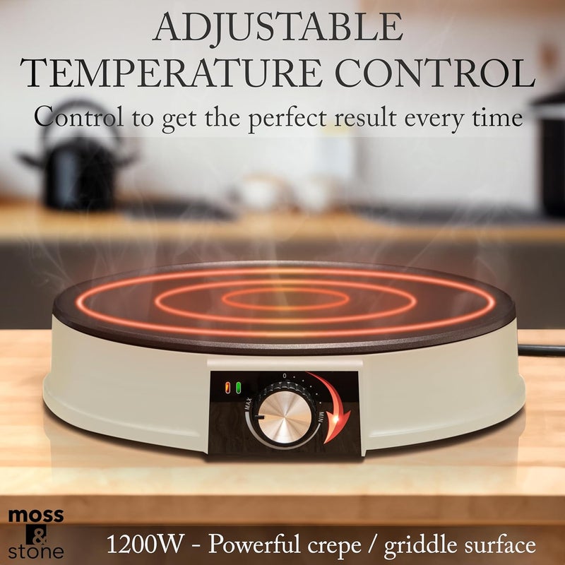 Moss & Stone 12” Electric Griddle Pan & Crepe Machine, Non-Stick Electric Crepe Maker with Adjustable Temperature, Includes Spreader & Spatula – Ideal for Pancakes, Blintzes & Tortillas - Image 5