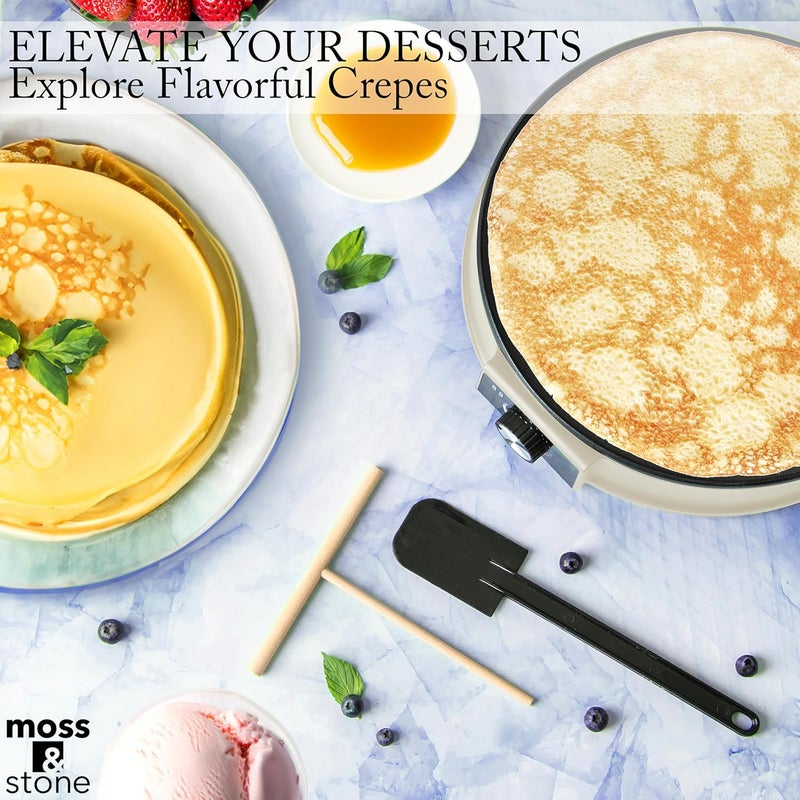 Moss & Stone 12” Electric Griddle Pan & Crepe Machine, Non-Stick Electric Crepe Maker with Adjustable Temperature, Includes Spreader & Spatula – Ideal for Pancakes, Blintzes & Tortillas - Image 3