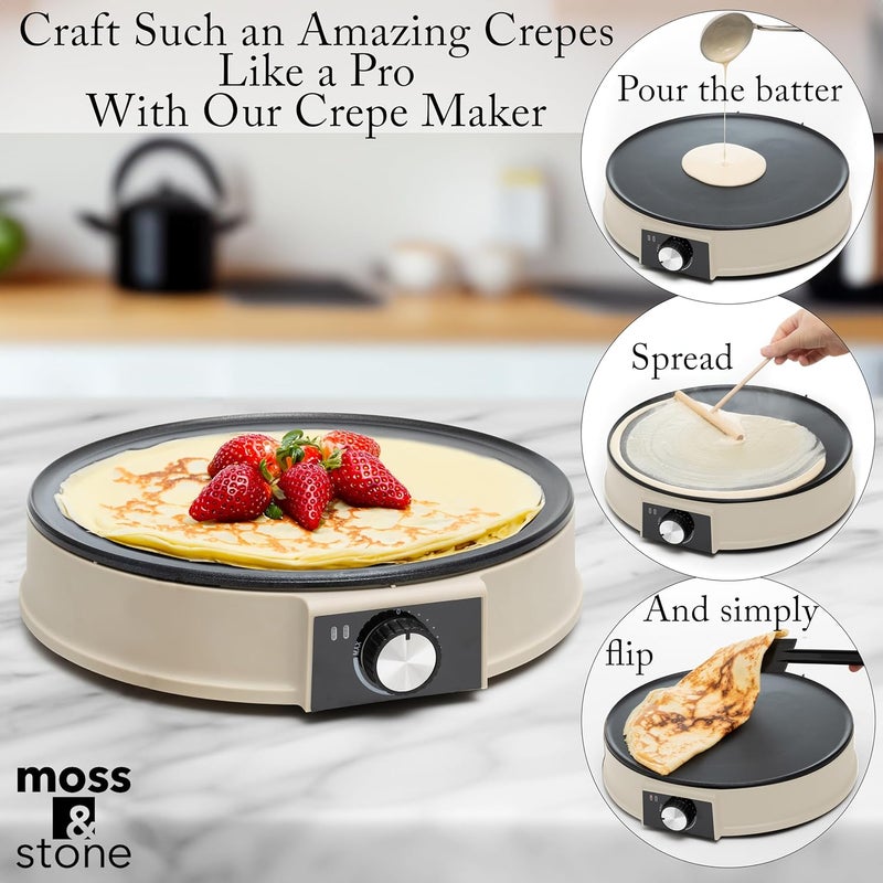 Moss & Stone 12” Electric Griddle Pan & Crepe Machine, Non-Stick Electric Crepe Maker with Adjustable Temperature, Includes Spreader & Spatula – Ideal for Pancakes, Blintzes & Tortillas - Image 2
