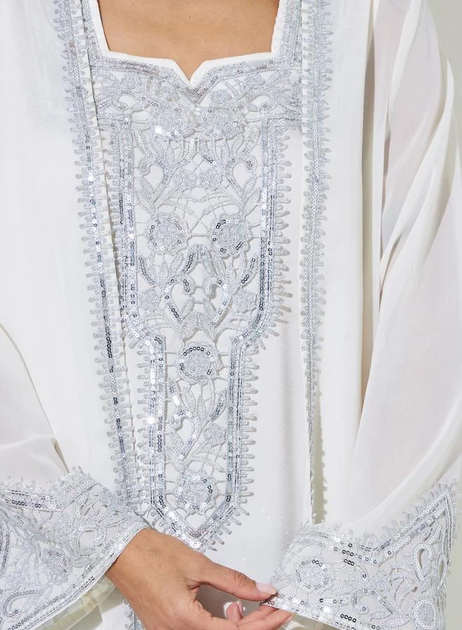 Amirah  White Embroidered Front Open Abaya with Inner Dress Set for Women | Best Price UAE