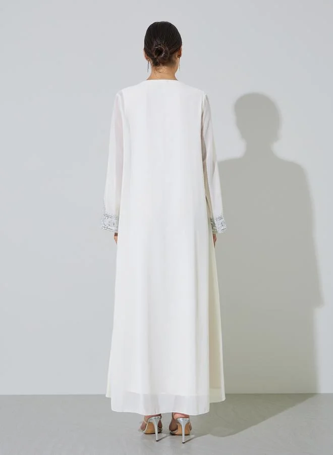 Amirah  White Embroidered Front Open Abaya with Inner Dress Set for Women | Best Price UAE