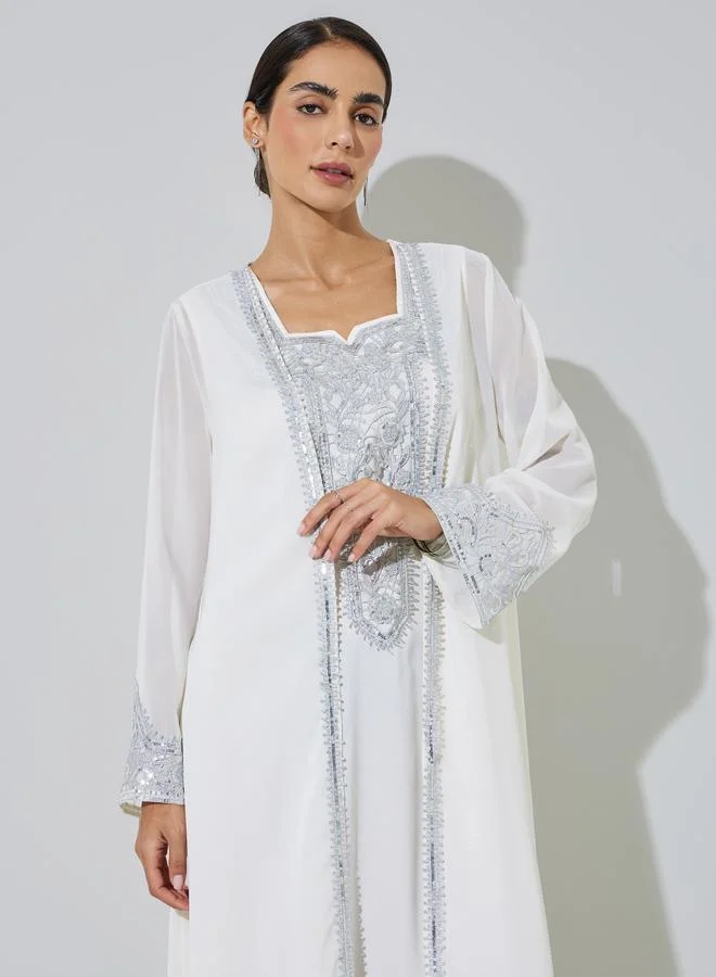 Amirah  White Embroidered Front Open Abaya with Inner Dress Set for Women | Best Price UAE