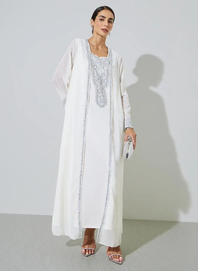 أميرة White Embroidered Front Open Abaya with Inner Dress Set