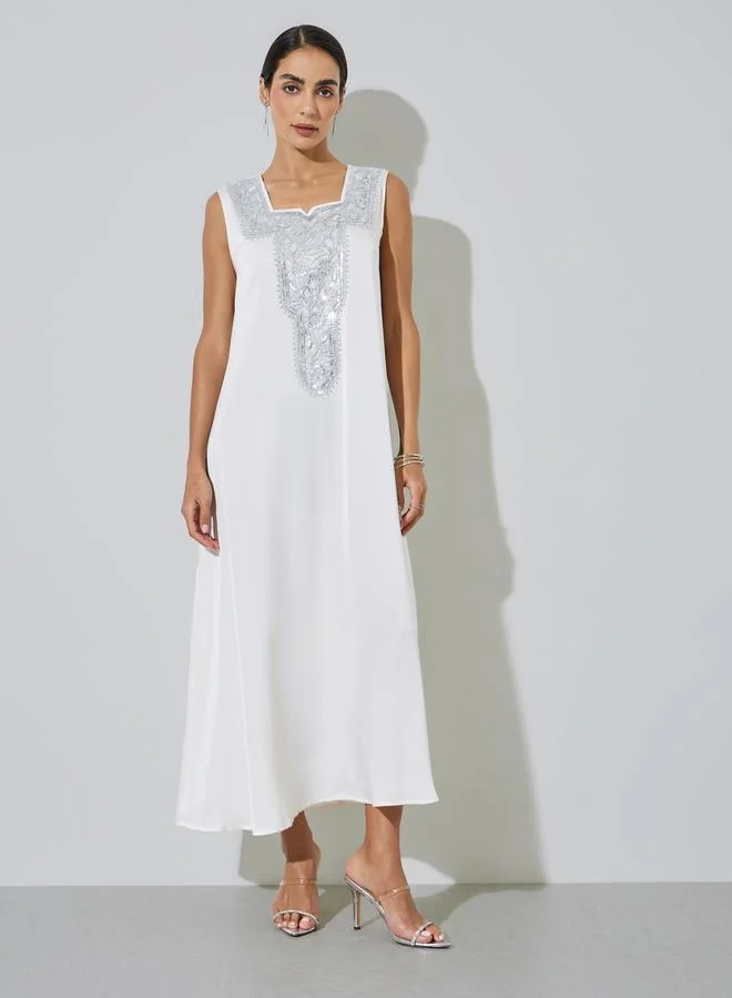 أميرة White Embroidered Front Open Abaya with Inner Dress Set