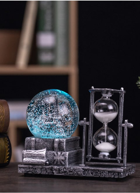 Antique Snow Globe with Hourglass Timer LED Musical Crystal Snow Globe Music Box Collectibles Sand Clock Timer for Fireplace Mantel Home Decorations Silver Castle