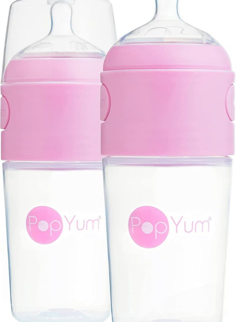 PopYum زجاجات حليب الأطفال PopYum سعة 9 أونصات باللون الوردي، تركيبة مضادة للمغص، مجموعة من 2 مع حلمات تدفق متوسط #2، 260 مل، خالية من BPA، قفل طبيعي