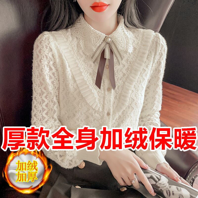Shirt Womens 2024 Winter New Lace Base Shirt Womens Fashion Loose Doll Collar fleece-lined Shirt Stylish Top Thick apricot color (full body plus velvet)