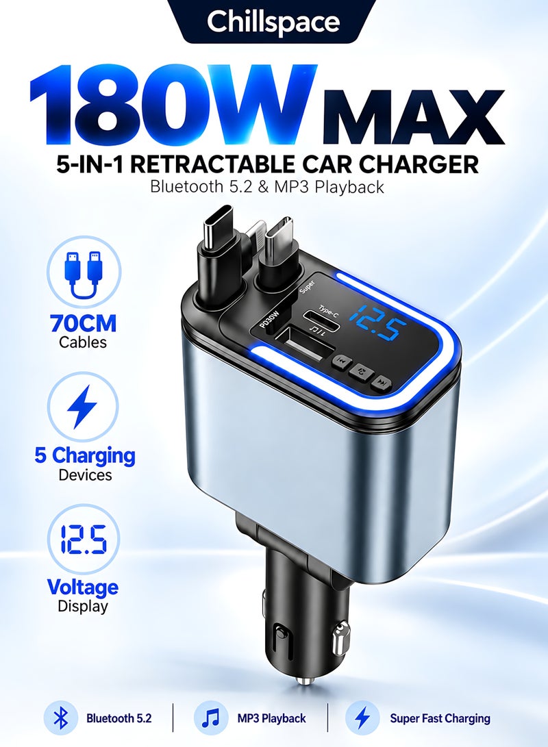 مساحة باردة شاحن سيارة 180 وات، شاحن سيارة USB PD 5 في 1 من النوع C للشحن السريع، كابلين مزدوجين قابلين للسحب 70 سم من النوع C و لايتنينغ، منافذ USB-C و USB-A، بلوتوث 5.2 ومشغل MP3 وتشغيل U-Disk، مكالمات بدون استخدام اليدين، شاشة جهد في الوقت الفعلي لأجهزة آيفون و سامسونج و آيباد و أندرويد وأجهزة الكمبيوتر المحمولة - Image 1