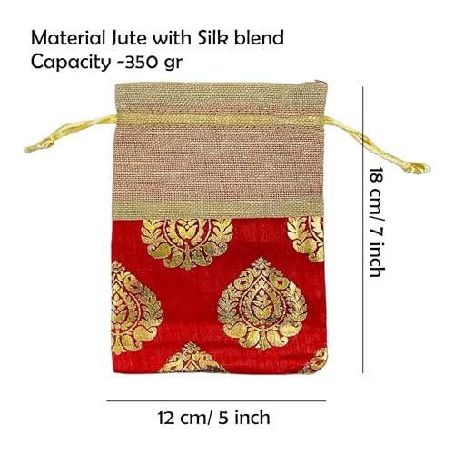 Krisah 30pcs 18 X 12 cm Women Red Printed Silk Half Jute Small Gift Potli Bags for Gifting - Image 2