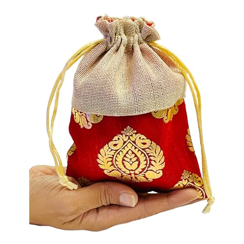Krisah 30pcs 18 X 12 cm Women Red Printed Silk Half Jute Small Gift Potli Bags for Gifting - Image 3