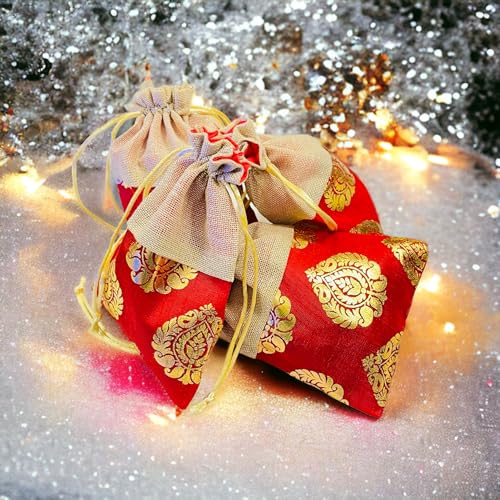 Krisah 30pcs 18 X 12 cm Women Red Printed Silk Half Jute Small Gift Potli Bags for Gifting - Image 5