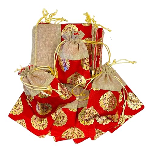 Krisah 30pcs 18 X 12 cm Women Red Printed Silk Half Jute Small Gift Potli Bags for Gifting - Image 1