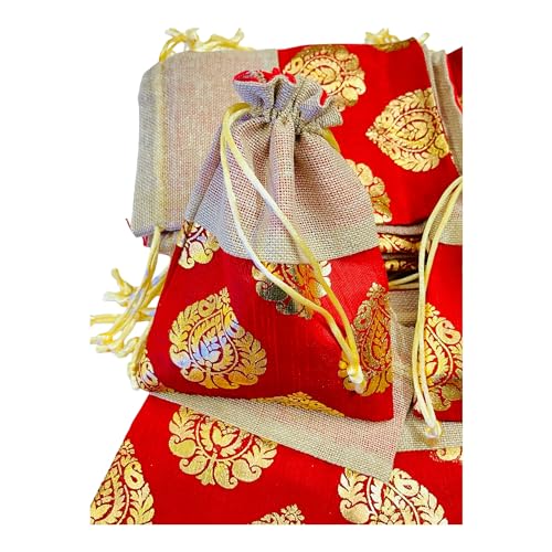 Krisah 30pcs 18 X 12 cm Women Red Printed Silk Half Jute Small Gift Potli Bags for Gifting - Image 4
