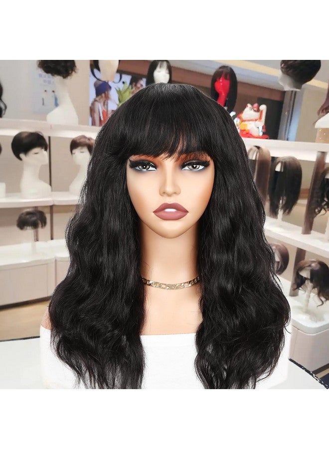 WIGER Human Hair Wavy Wigs for Black Women Natural Wave Wig with Bangs Glueless Loose Curly None Lace Front Wigs Brazilian Virgin Human Hair for Daily (18 Inches) - Image 3
