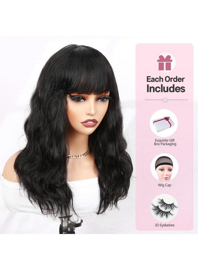 WIGER Human Hair Wavy Wigs for Black Women Natural Wave Wig with Bangs Glueless Loose Curly None Lace Front Wigs Brazilian Virgin Human Hair for Daily (18 Inches) - Image 4