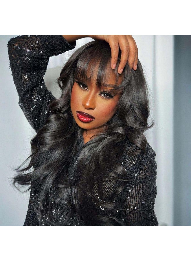 WIGER Human Hair Wavy Wigs for Black Women Natural Wave Wig with Bangs Glueless Loose Curly None Lace Front Wigs Brazilian Virgin Human Hair for Daily (18 Inches) - Image 1