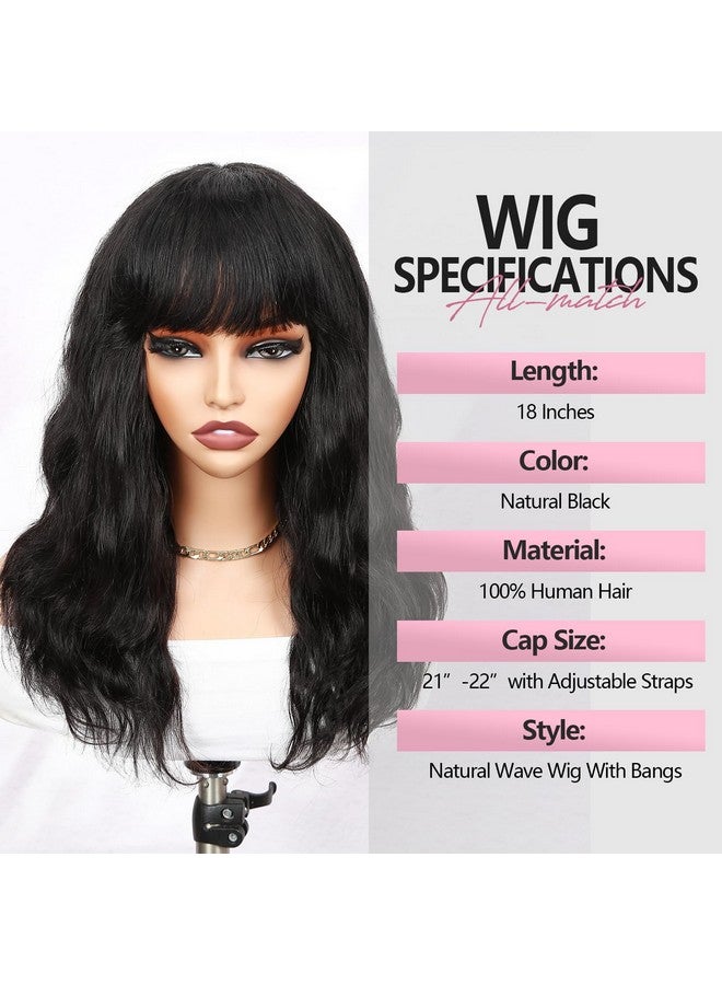 WIGER Human Hair Wavy Wigs for Black Women Natural Wave Wig with Bangs Glueless Loose Curly None Lace Front Wigs Brazilian Virgin Human Hair for Daily (18 Inches) - Image 2
