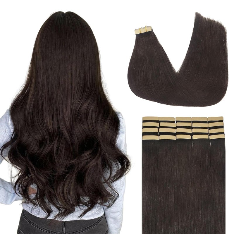 Lashey Tape in Hair Extensions Dark Brown Real Human Hair Natural Straight 50gpack 20pcs Tape in Hair Extensions 16 Inch Remy Human Hair Extensions for Black Women